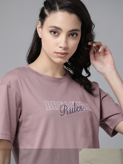 

Roadster Women Mauve Pink & Green Pack Of 2 Printed Round Neck Knitted T-shirts