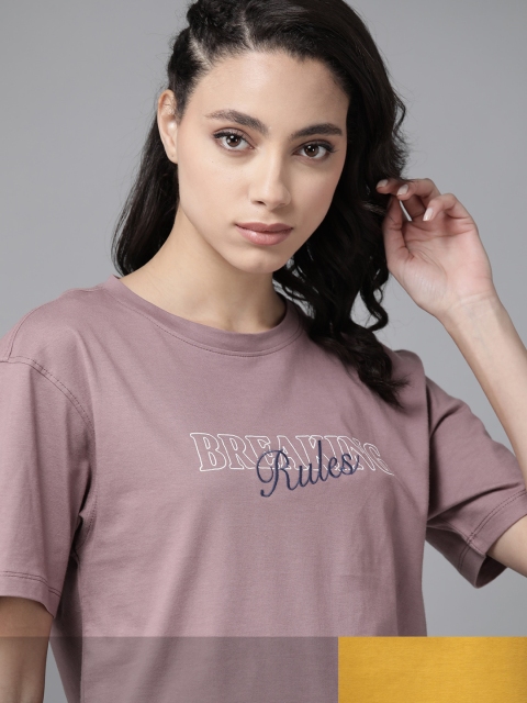 

Roadster Women Mustard Yellow & Mauve Pink Pack Of 2 Typography Print Round Neck T-shirts