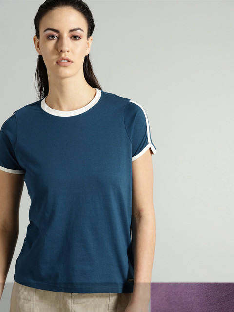 

Roadster Women Pack of 2 Solid T-shirts, Teal