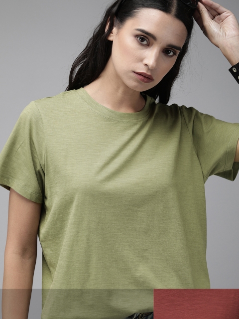 

Roadster Women Pack of 2 Solid T-shirts, Olive