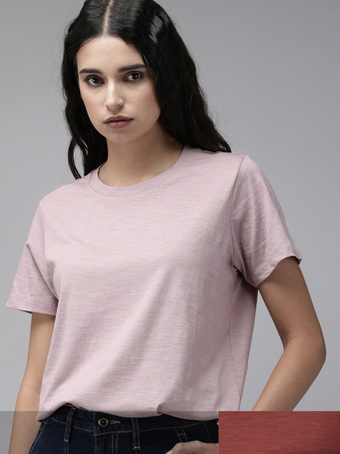

Roadster Women Pack of 2 Pure Cotton Solid T-shirts, Mauve