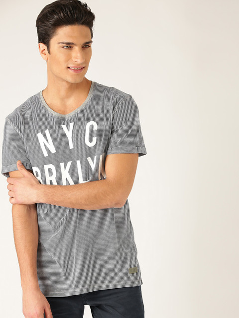 

ESPRIT Men Navy & Off-White Striped Printed Round Neck T-shirt, Navy blue