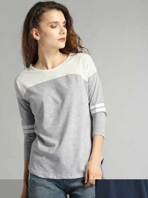 

Roadster Women Pack of 2 Pure Cotton Colourblocked Drop-Shoulder Sleeves T-shirts, Grey