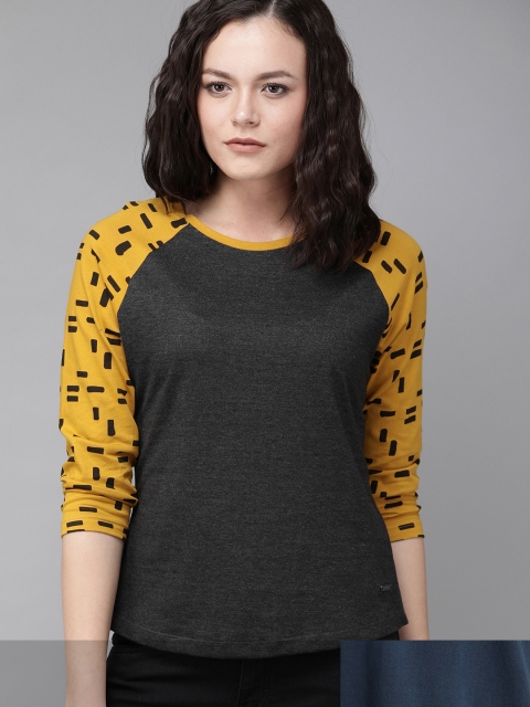 

Roadster Women Pack of 2 Colourblocked T-shirts, Charcoal