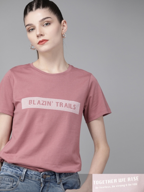 

Roadster Women Pack of 2 Pure Cotton Typography Print T-shirts, Pink