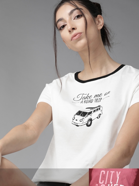 

Roadster Women Pack of 2 Pure Cotton Typography Print T-shirts, White