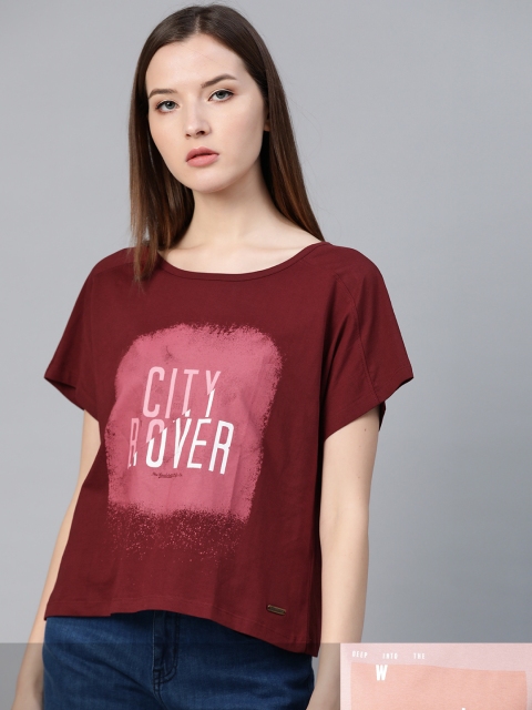 

Roadster Women Pack of 2 Pure Cotton Typography Print T-shirts, Maroon