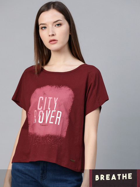

Roadster Women Pack of 2 Pure Cotton Typography Print T-shirts, Maroon