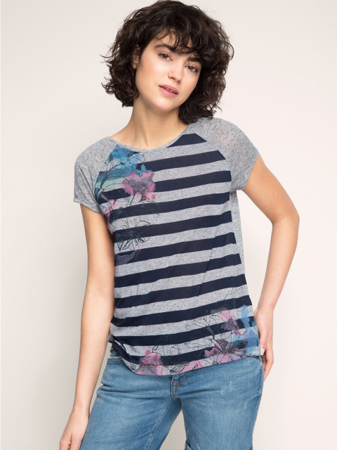 

ESPRIT Women Grey Melange & Navy Striped Round Neck T-shirt