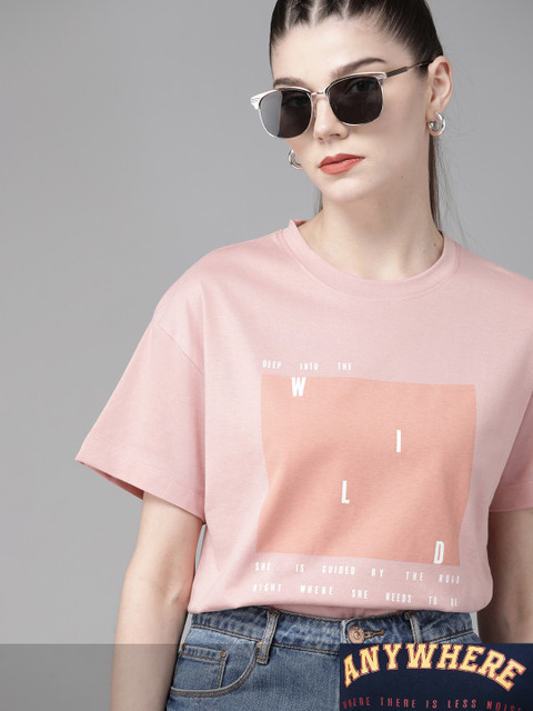 

Roadster Women Pack of 2 Pure Cotton Typography Print Drop-Shoulder Sleeves T-shirts, Pink