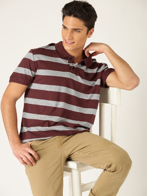 

ESPRIT Men Grey Melange & Burgundy Striped Polo Collar T-shirt