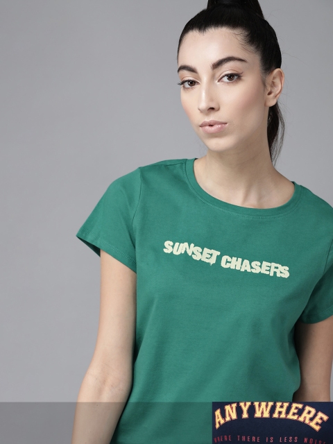 

Roadster Women Pack of 2 Pure Cotton Typography Print T-shirts, Green