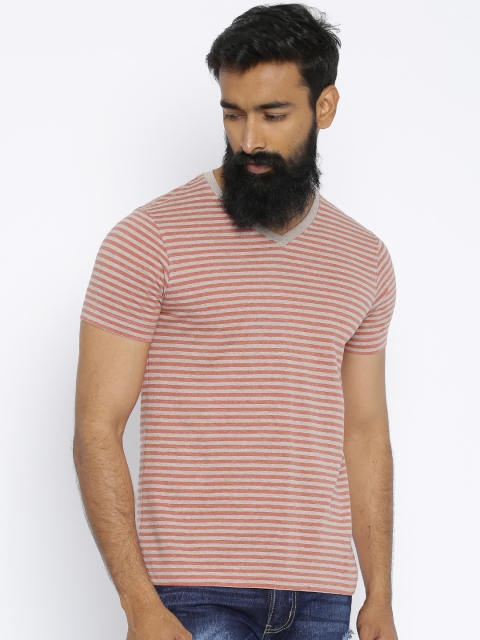 

American Crew Men Grey Melange Red Striped V-Neck Pure Cotton T-shirt
