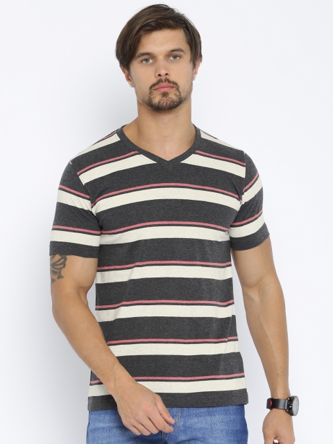 

American Crew Men Charcoal Grey Off-White Striped V-Neck Pure Cotton T-shirt