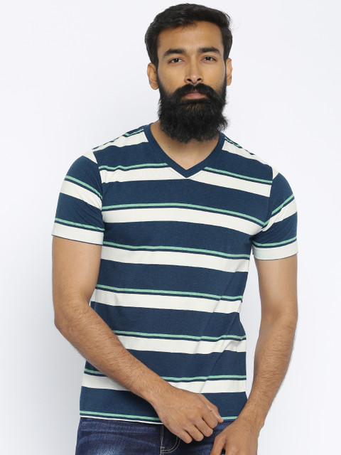 

American Crew Men Navy & White Striped T-shirt, Navy blue