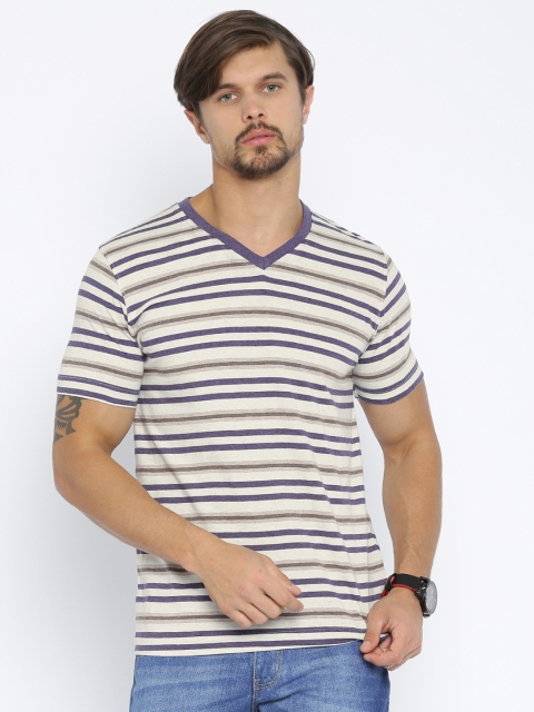 

American Crew Men Beige Purple Striped V-Neck Pure Cotton T-shirt