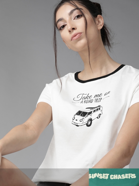 

Roadster Women Pack of 2 Pure Cotton Typography Print T-shirts, White