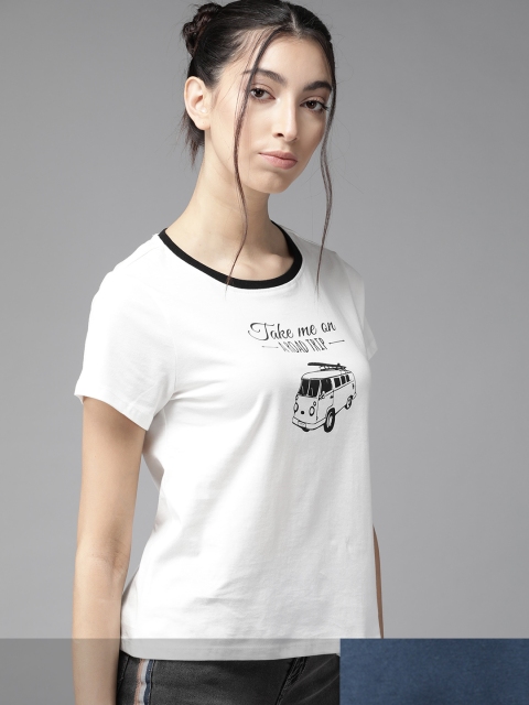 

Roadster Women Pack of 2 Pure Cotton Typography Print T-shirts, White