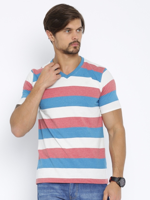 

American Crew Men Off-White & Red Striped V-Neck T-shirt