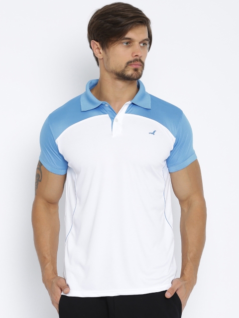 

American Crew Men White & Blue Colourblocked Polo T-shirt