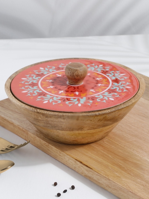

EK BY EKTA KAPOOR Peach Colored & Brown Enamel Printed Serving Wooden Bowl