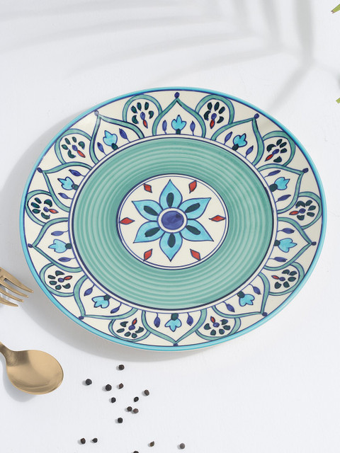

EK BY EKTA KAPOOR Off White & Green Printed Glazed Ceramic Food Platter