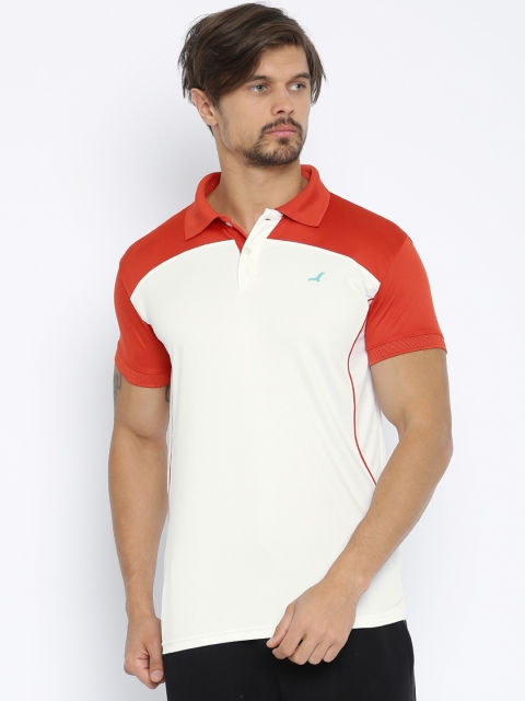 

American Crew Men White & Red Colourblocked Polo T-shirt
