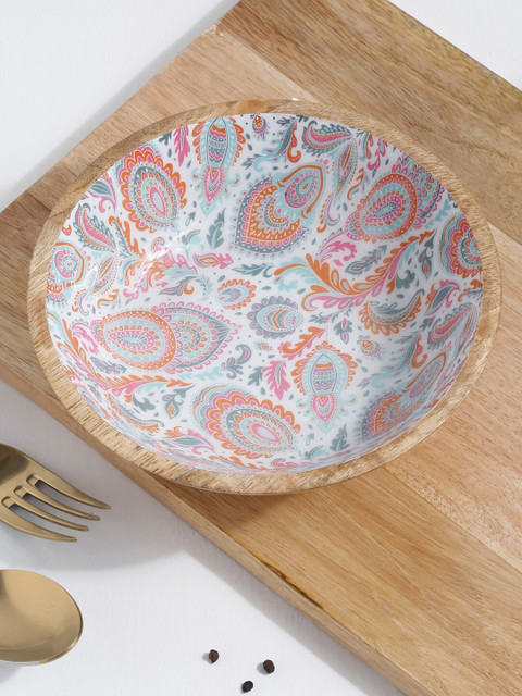 

EK BY EKTA KAPOOR White & Orange Printed Wooden Serving Bowl