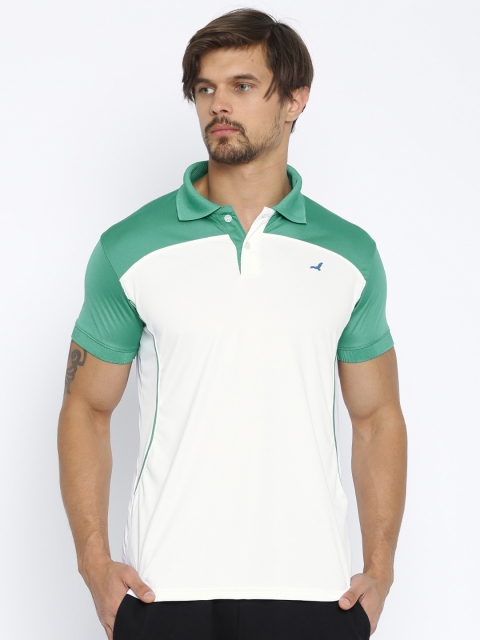 

American Crew Men White & Green Colourblocked Polo T-Shirt
