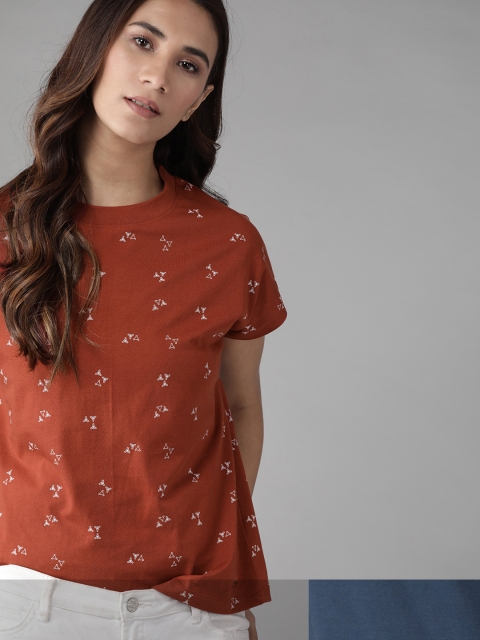 

Roadster Women Set Of 2 Printed Pure Cotton T-shirts, Rust