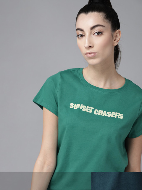

Roadster Women Pack of 2 Printed Cotton T-shirt, Teal