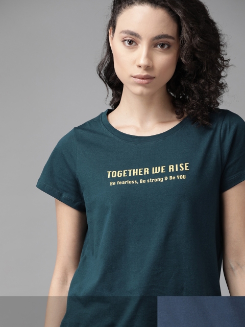 

Roadster Women Set Of 2 Printed Pure Cotton T-shirts, Navy blue