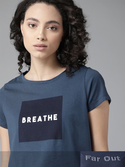 

Roadster Women Set Of 2 Printed Pure Cotton T-shirts, Navy blue