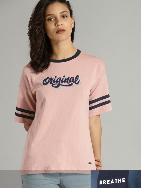 

Roadster Women Set Of 2 Printed Pure Cotton T-shirts, Pink