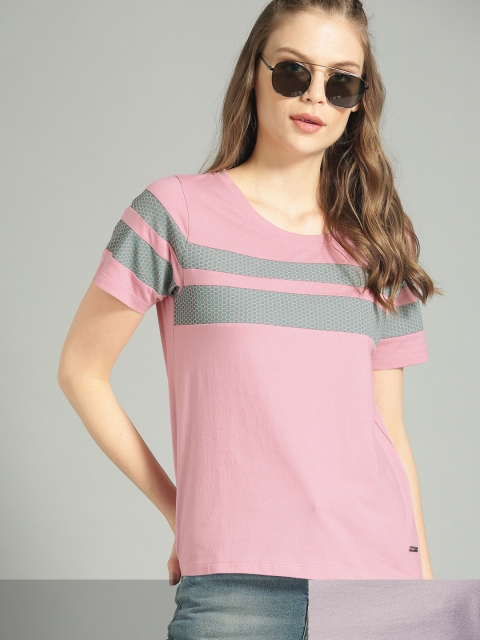 

Roadster Women Pack of 2 Striped Cotton T-shirt, Lavender