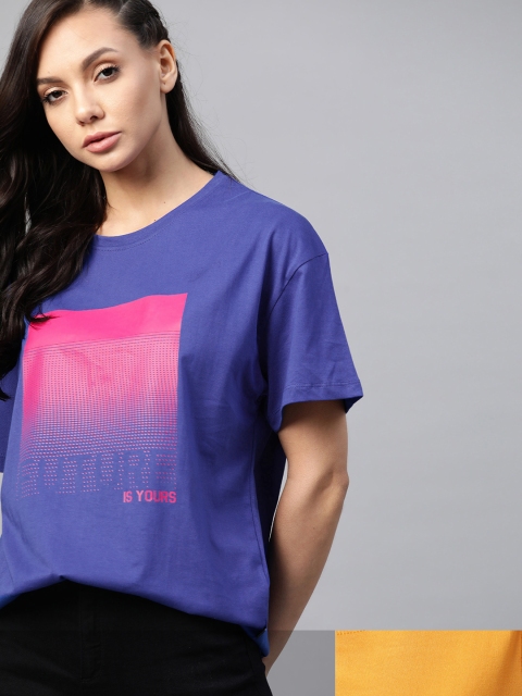 

Roadster Women Pack of 2 Printed Pure Cotton T-shirt, Blue