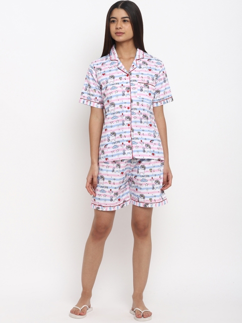

shopbloom Women White & Pink Printed Night suit