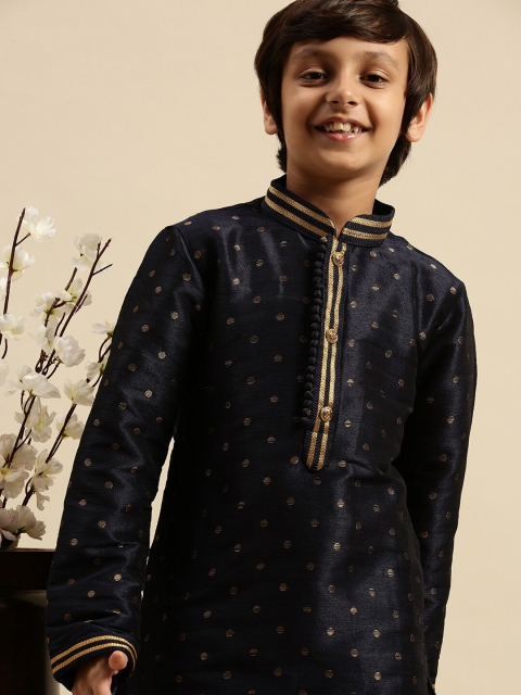 

Sanwara Boys Navy Blue & Gold-Toned Thread Work Cotton Silk Kurta with Pyjamas