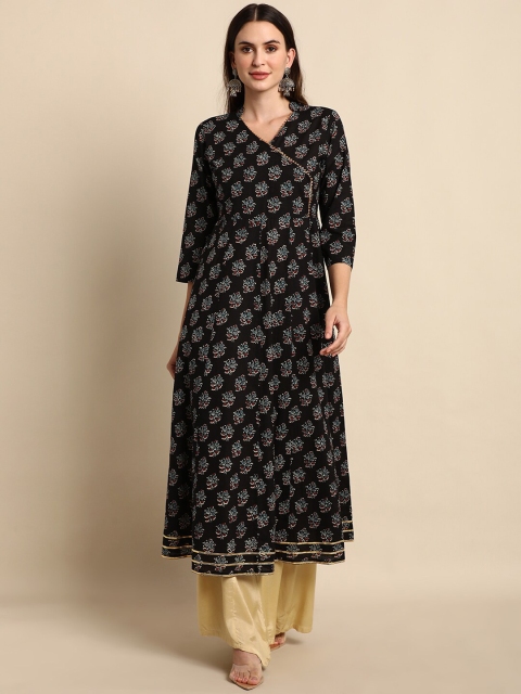 

Janasya Women Black Floral Printed Cotton Anarkali Kurta