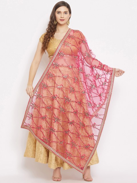 

Clora Creation Magenta & Gold-Toned Ethnic Motifs Embroidered Net Dupatta