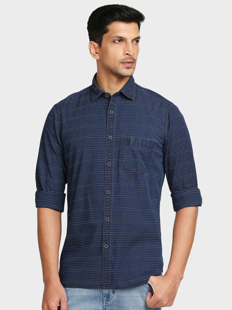 

ColorPlus Men Navy Blue & White Tailored Fit Horizontal Stripes Striped Casual Shirt