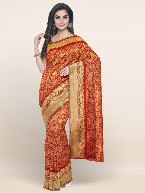 

Pothys Maroon & Gold-Toned Ethnic Motifs Zari Art Silk Saree