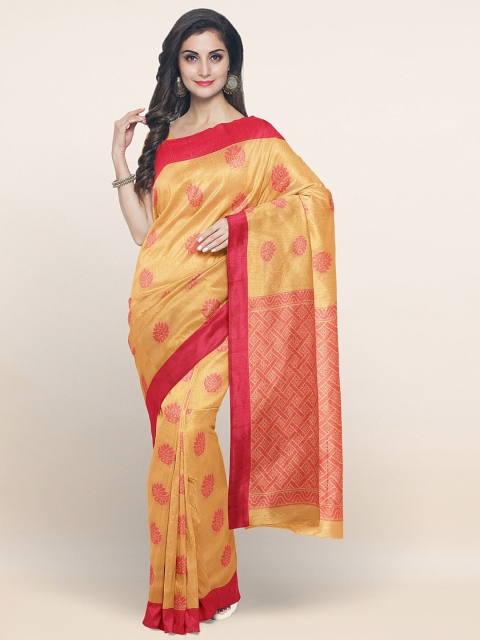 

Pothys Cream-Coloured & Mustard Ethnic Motifs Silk Blend Saree