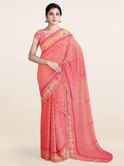 

Pothys Pink & Gold-Toned Floral Woven Design Saree