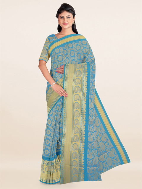 

Pothys Blue & Gold-Toned Floral Zari Art Silk Saree