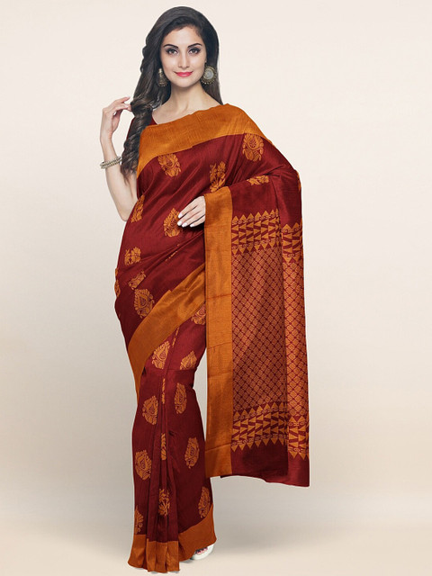 

Pothys Maroon & Brown Ethnic Motifs Silk Cotton Saree
