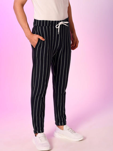 

Campus Sutra Men Navy Blue & White Striped Track Pants