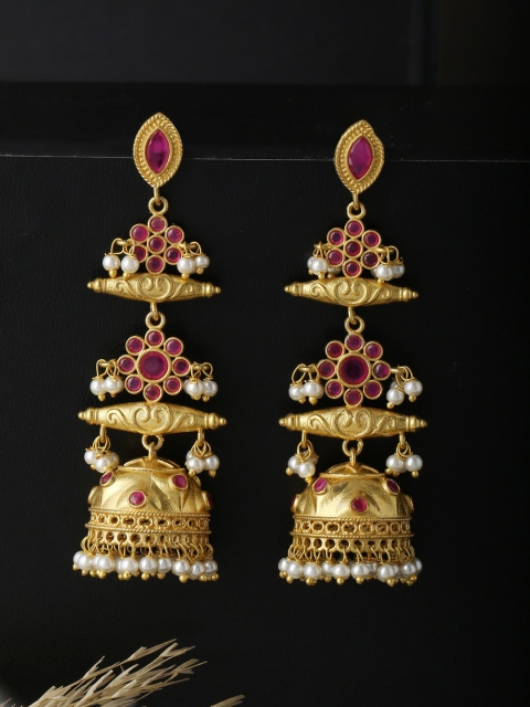 

kashwini Women Gold-Toned & Red Contemporary Jhumkas Earrings