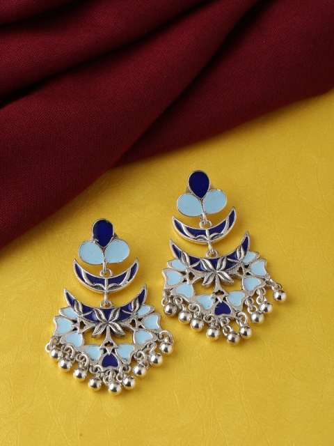 

kashwini Silver-Plated & Blue Crescent Shaped Drop Earrings