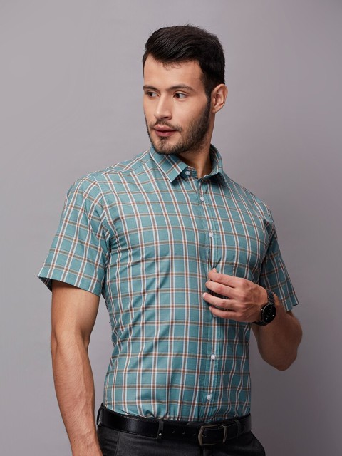 

Oxemberg Men Green & Brown Classic Slim Fit Checked Formal Shirt